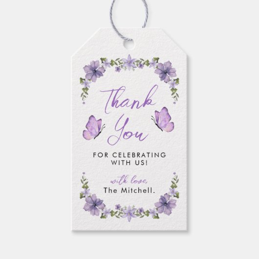 Paarse Butterflies Waterverf Wilde bloem Dank u we Cadeaulabel (Voorkant)