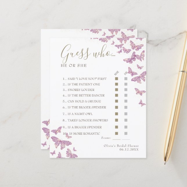 Paarse Butterfly Boho Vrijgezellenfeest raad eens  (Voorkant / Achterkant in situ)