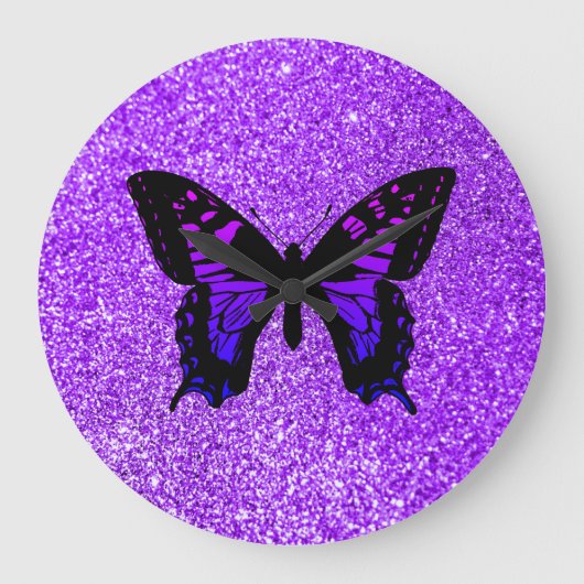 Paarse Butterfly Faux Violet Girly Glitter Grote Klok (Voorkant)