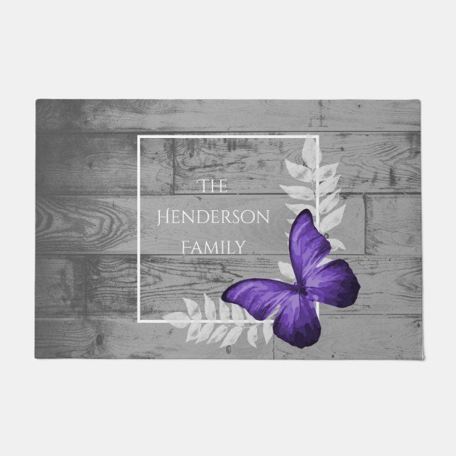 Paarse Butterfly Rustic Personalized Doormat Deurmat (Voorkant)