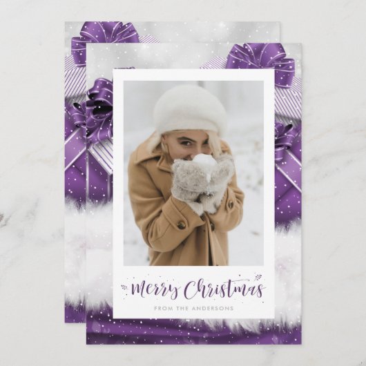 Paarse cadeau met handschrift kerstkaarten feestdagenkaart (Voorkant / Achterkant)