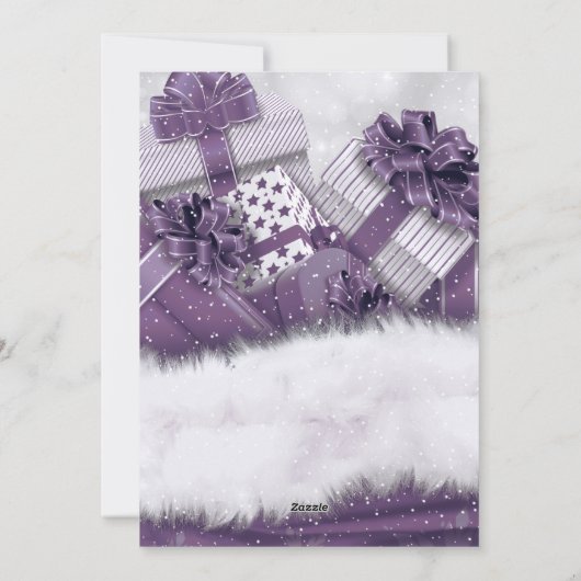 Paarse cadeautjes met sneeuwfotokerstkaarten feestdagenkaart (Achterkant)