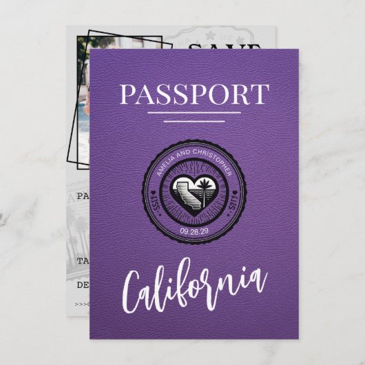 Paarse Californische paspoort Bewaar de datum Save The Date (Voorkant / Achterkant)