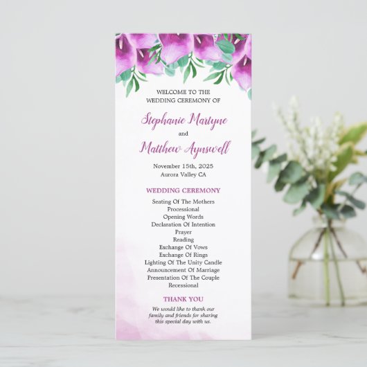 Paarse Calla Lily Bloemen Trouwceremonie Programma (Staand voorkant)