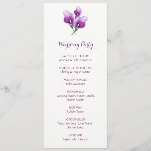 Paarse Calla Lily Bloemen Trouwceremonie Programma (Achterkant)