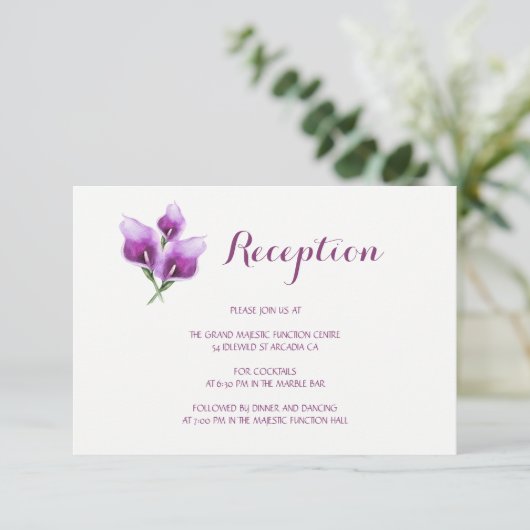 Paarse Calla Lily Floral bruiloft receptie Informatiekaartje (Staand voorkant)
