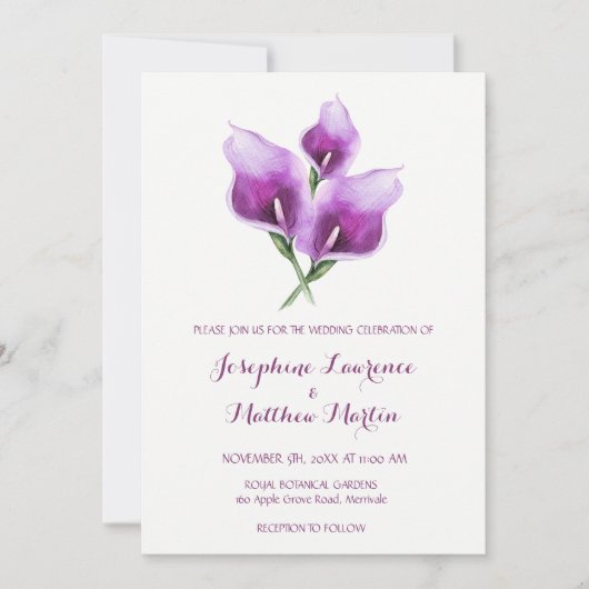 Paarse Calla Lily Monogram bruiloft uitnodigingen (Voorkant)