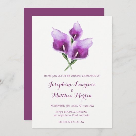 Paarse Calla Lily Monogram bruiloft uitnodigingen (Voorkant / Achterkant)