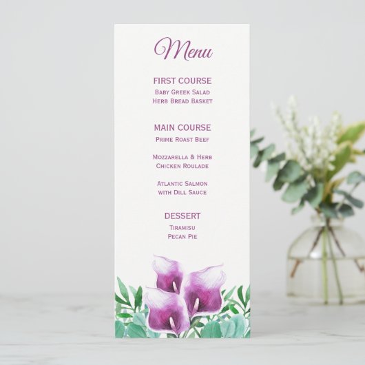 Paarse Calla Lily Waterverf Bloemenmenu Menu (Staand voorkant)