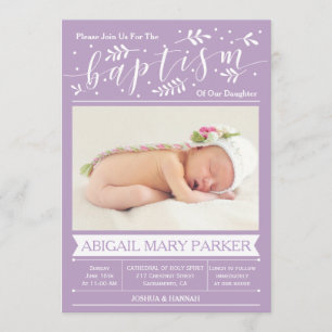 Paarse Calligrafie Baptisme Photo Invitation Card Kaart