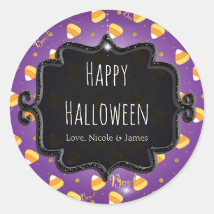 Paarse Candy Corn & Gouden Stippen Whimsical Hallo Ronde Sticker