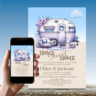 Paarse caravan grappig housewarming party kaart