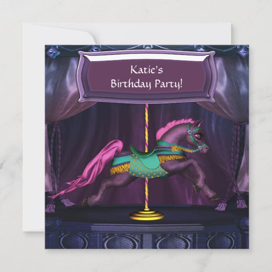 Paarse Carrousel Paard Verjaardagsfeest Uitnodigin Kaart (Voorkant)