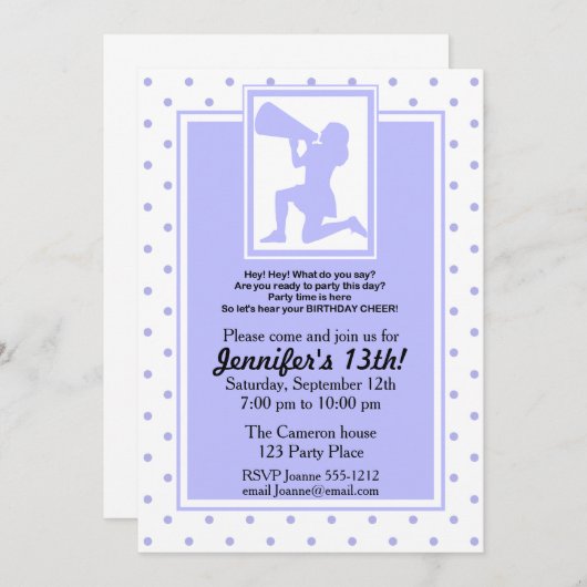 Paarse Cheerleader Birthday Invitation past zich a Kaart (Voorkant / Achterkant)