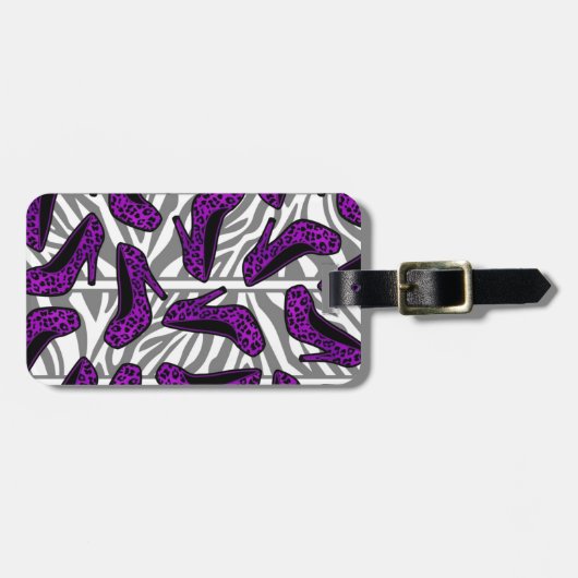 Paarse Cheetah High Hiel Shoe Print op Zebra Bagagelabel (Voorkant horizontaal)