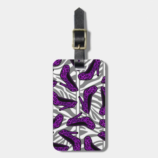 Paarse Cheetah High Hiel Shoe Print op Zebra Bagagelabel (Voorkant verticaal)