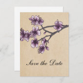 Paarse  Cherry Blossom Save the Date Aankondigingskaart (Voorkant / Achterkant)
