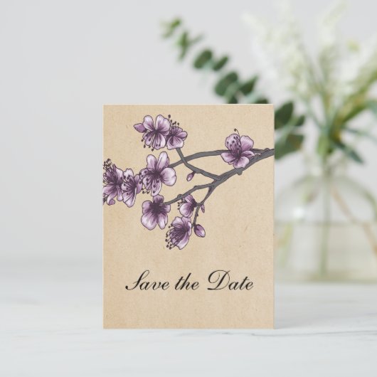 Paarse  Cherry Blossom Save the Date Aankondigingskaart (Staand voorkant)