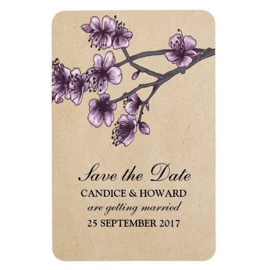 Paarse  Cherry Blossom Save the Date Magneet (Verticaal)