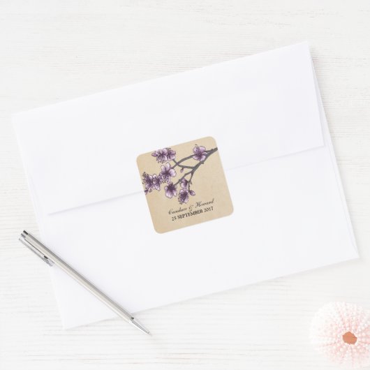 Paarse  Cherry Blossom Weddenschappen Vierkante Sticker (Envelop)