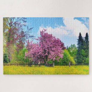 Paarse Cherry-boom op geel bloemveld Legpuzzel