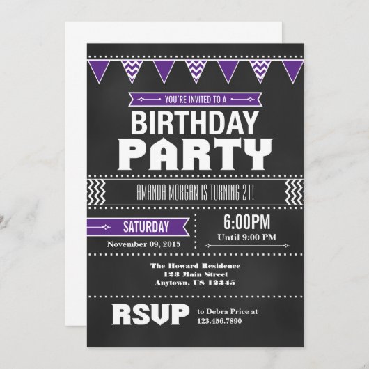 Paarse Chevron Chalkboard Birthday Uitnodiging (Voorkant / Achterkant)