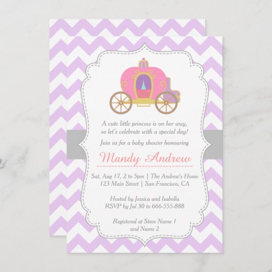 Paarse Chevron Princess Carriage, Girl Baby shower Kaart (Voorkant / Achterkant)