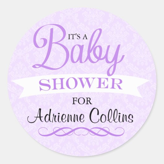 Paarse Chic Damask Baby shower Sticker (Voorkant)