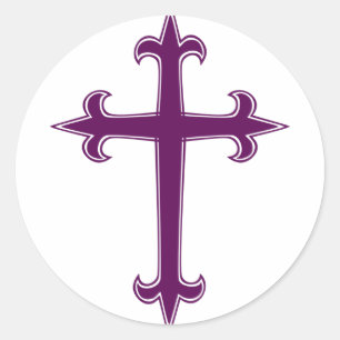 Paarse christelijk kruis ronde sticker