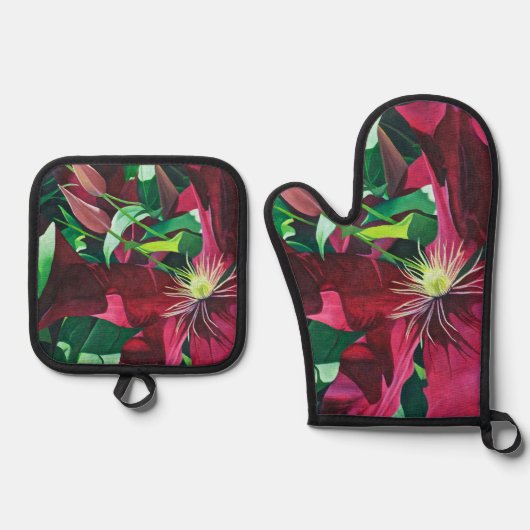 Paarse Clematis schilderij Ovenwant & Pannenlap Set (Voorkant)