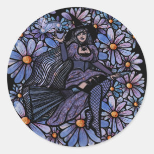 Paarse Coffee Witch Daisy Art Ronde Sticker
