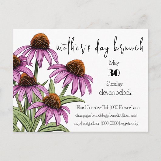 Paarse conebloem | Wildbloemen Moederdag Brunch Uitnodiging Briefkaart (Voorkant)