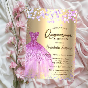 Paarse confetti stippen, chic jurk Quinceañera Kaart