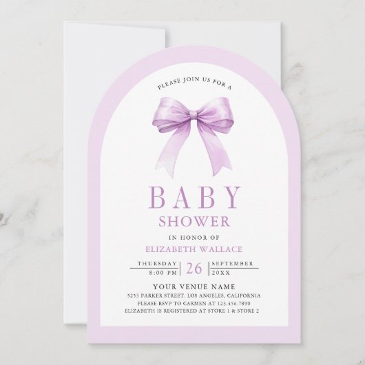 Paarse Coquette Boog QR Code Baby Shower Kaart (Voorkant)