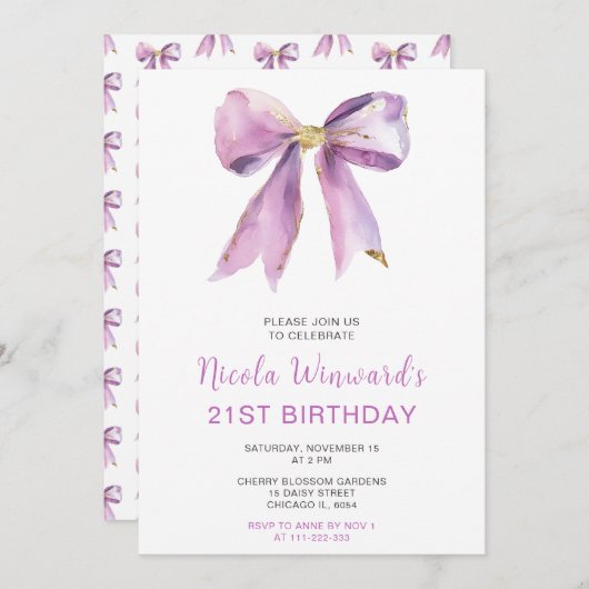 Paarse Coquette Bow Verjaardagsfeest Kaart (Voorkant / Achterkant)