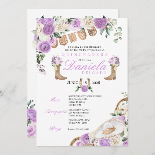 Paarse Cowgirl Laarzen & Touwen Mariachi Quinceañe Kaart (Voorkant / Achterkant)