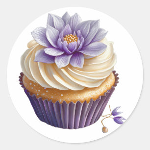 Paarse crème cupcake met bloemverjaardag ronde sticker