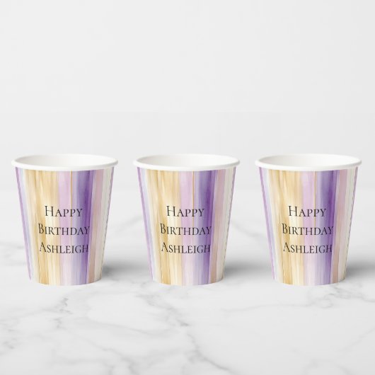 Paarse Crème Iris Strepen Verjaardag Papieren Bekers (Multi)