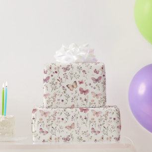 Paarse Crème Vlinders Bloemige Verjaardag Cadeaupapier