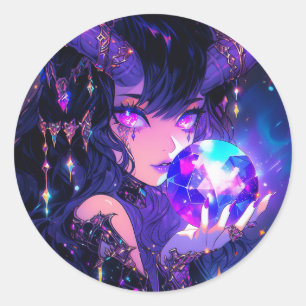 Paarse Crystal Ball Demon Anime Girl Ronde Sticker