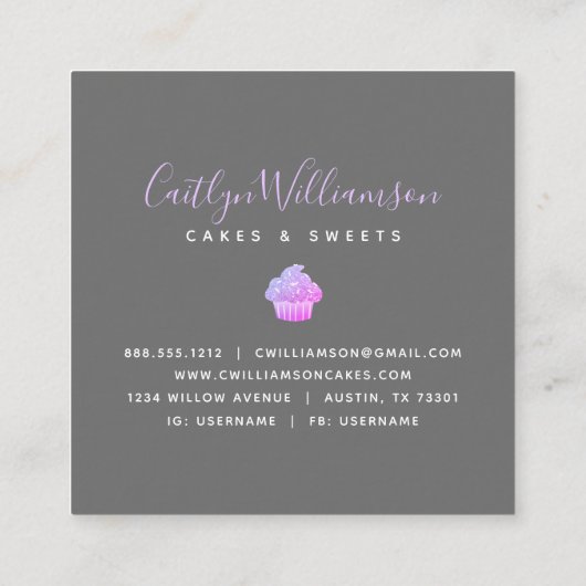 Paarse cupcake glitter druppels banketbakkerij vierkante visitekaartje (Achterkant)