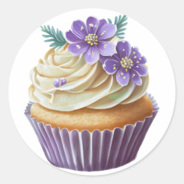 Paarse cupcake met bloemetjes verjaardag ronde sticker