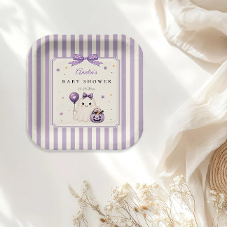 Paarse Cute Geest Halloween Baby Shower Papieren Bordje