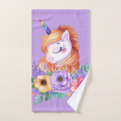 Paarse Cute Unicorn met Florals Monogram Bad Handdoek (Handdoek)