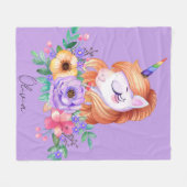 Paarse Cute Unicorn met Florals Monogram Fleece Deken (Voorkant (Horizontaal))