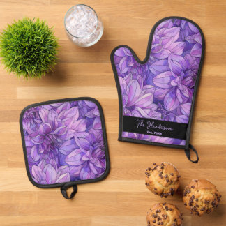 Paarse Dahlia Bloem Ovenwant & Pannenlap Set