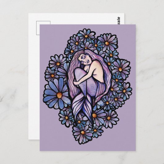 Paarse Daisies Slapende Zeemeermin Briefkaart (Voorkant / Achterkant)