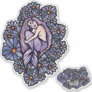 Paarse Daisies Slapende Zeemeermin Sticker