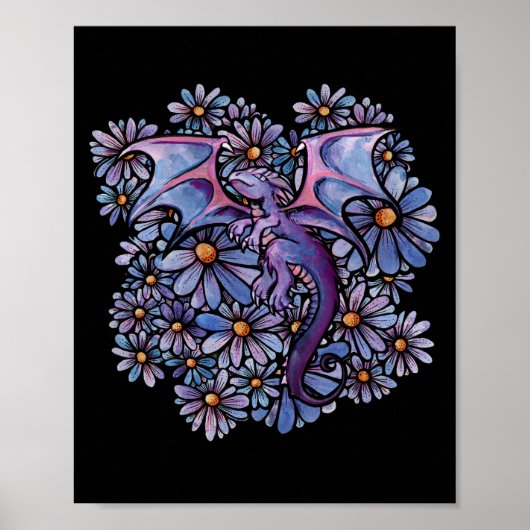 Paarse Daisy Flowers Dragon Poster (Voorkant)