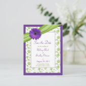 Paarse Daisy Green Floral Damask opslaat datum Save The Date (Staand voorkant)